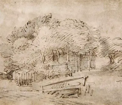 Farmhouse beneath Trees, with a Footbridge Rembrandt